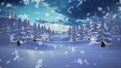 digital animation of snowflakes falling over multiple trees covered in snow on winter landscape