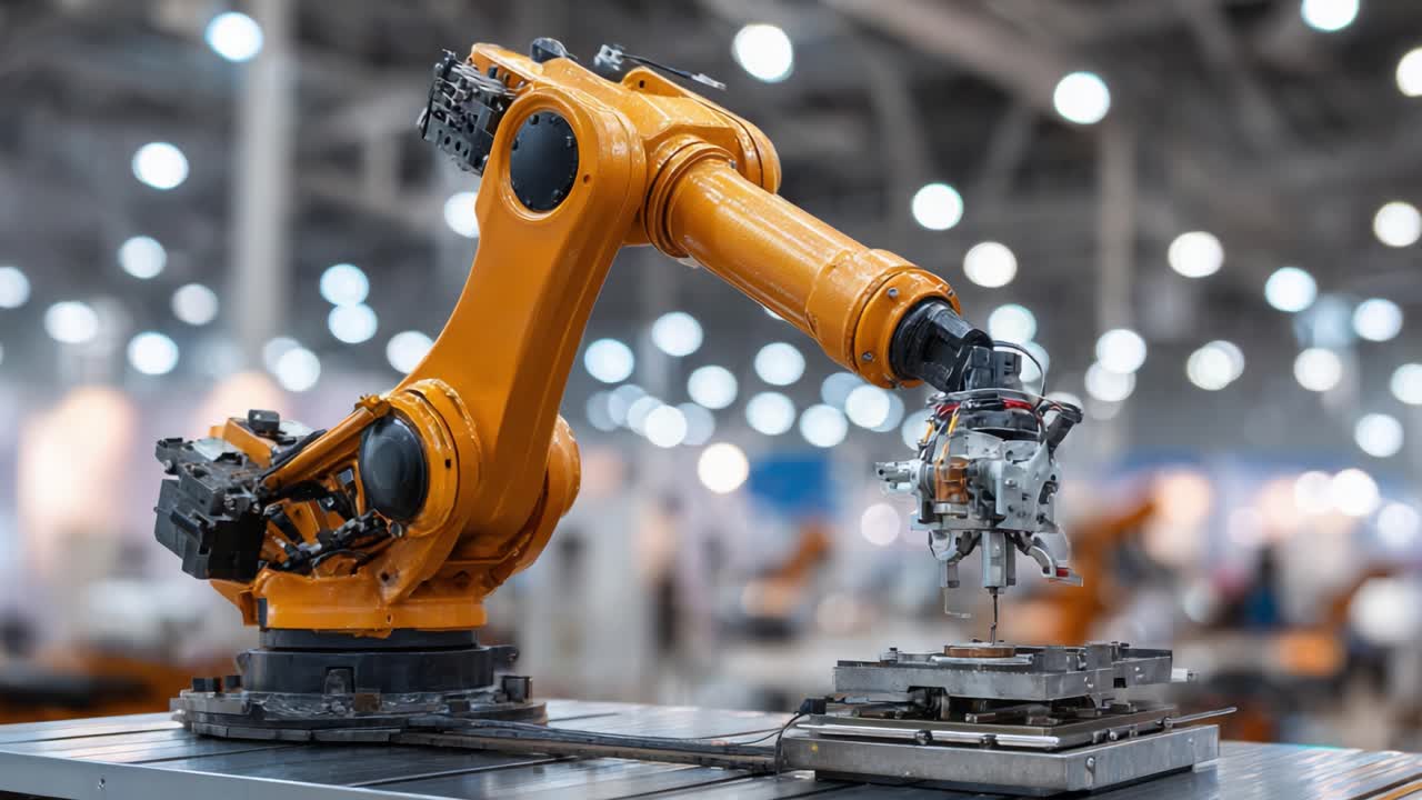 Advanced Industrial Robotic Arm Showcasing Precision and Efficiency in Automated Manufacturing Environment with a Focus on Technology and Innovation