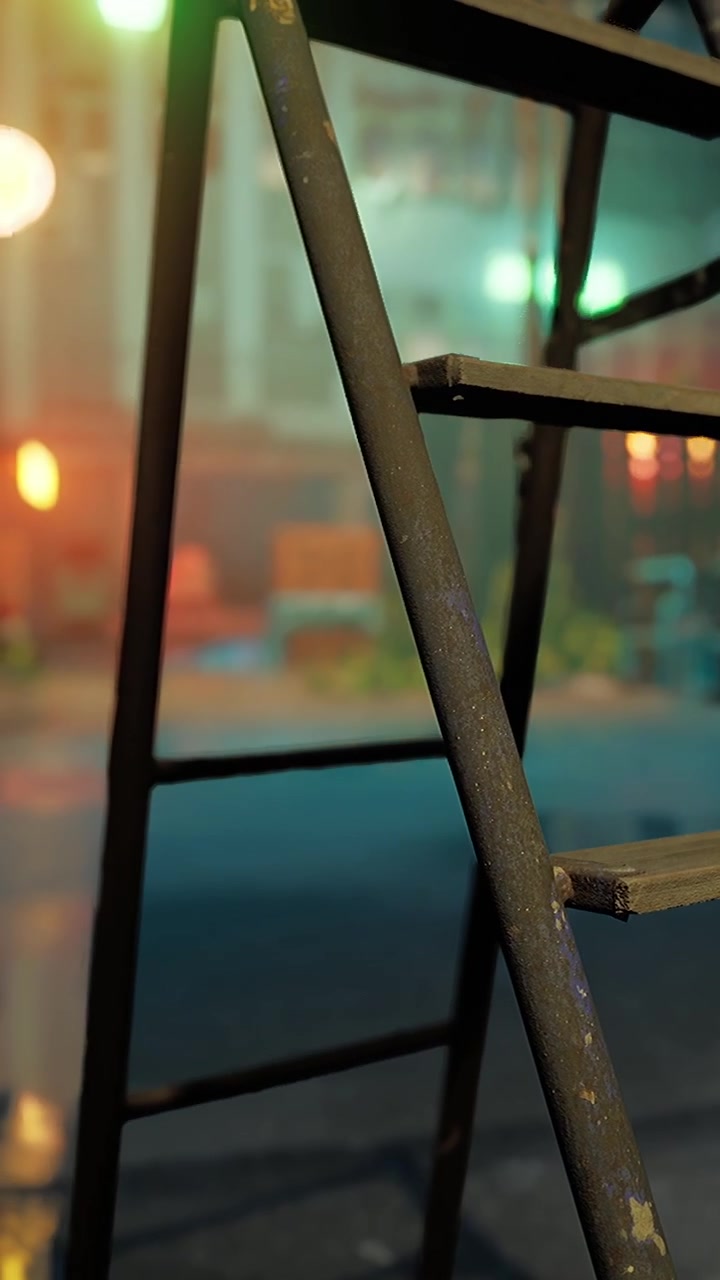 Slightly worn ladder next to colorful background at night in a city setting