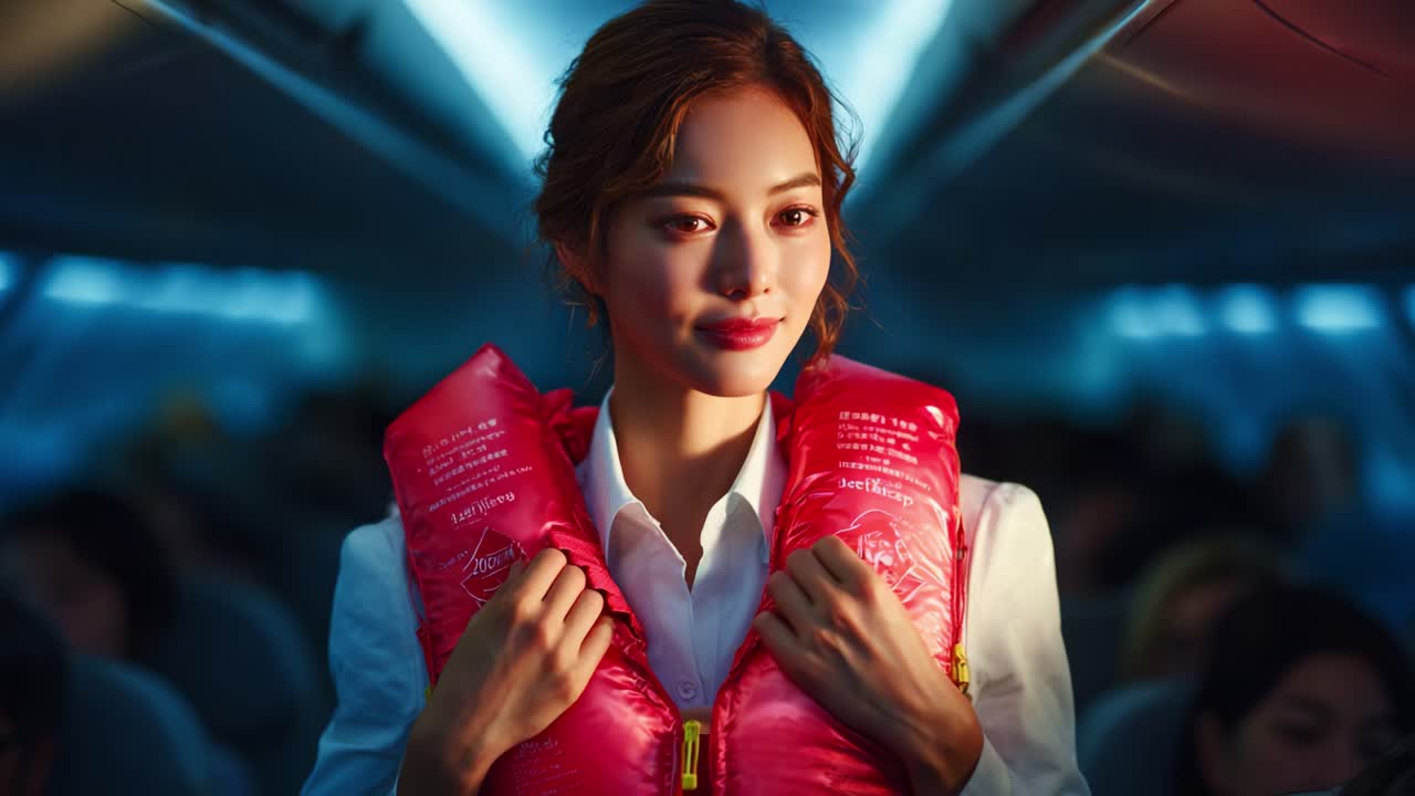 A confident young woman displays a life vest with poise inside an airplane, showcasing safety attire and a captivating ambiance that highlights the importance of passenger safety