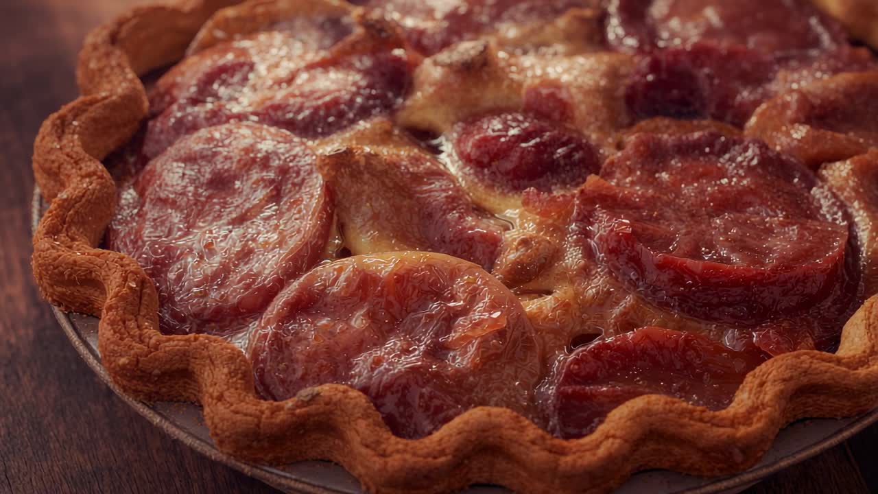 Showing ceramic pie dish holding steaming tomato tart on wooden tabletop, revealing fluted crust