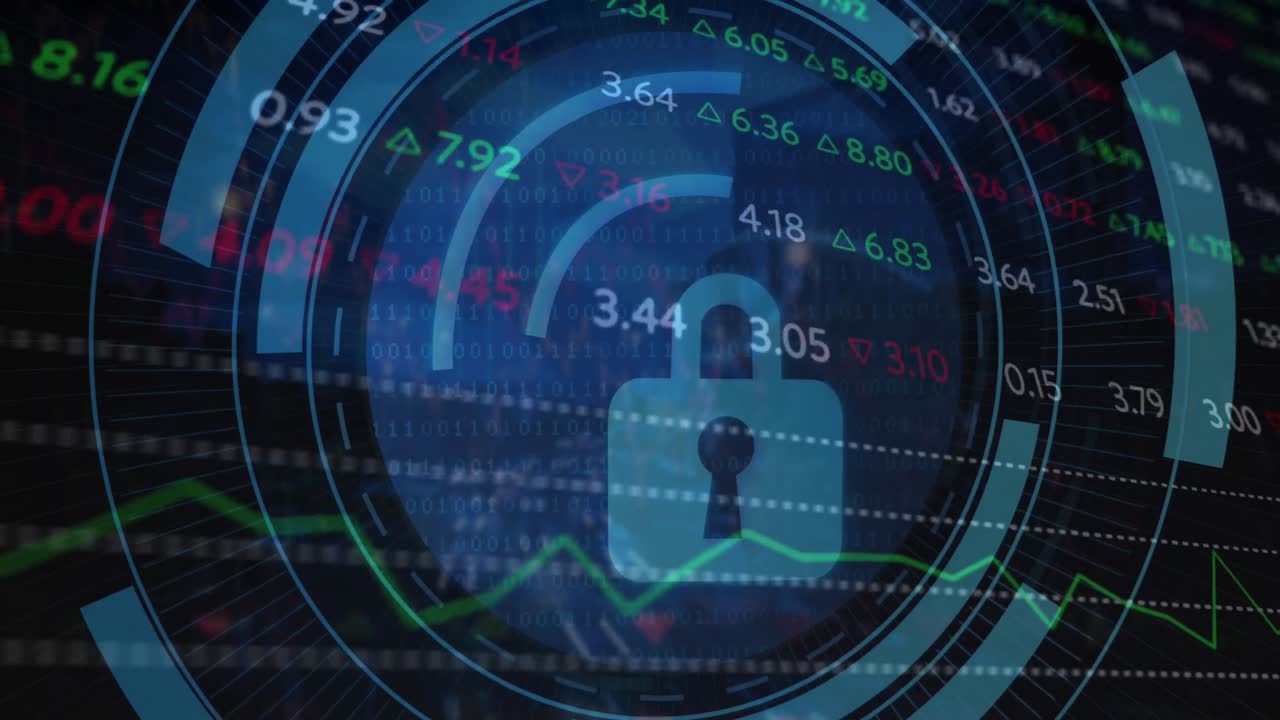 야간 도시 교통에 대항하여 보안 잠금 아이콘을 통해 주식 시장 데이터 처리의 애니메이션