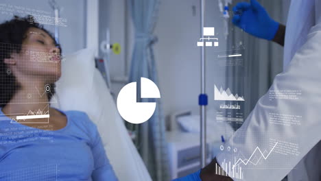 medical data analysis animation over patient receiving treatment in hospital