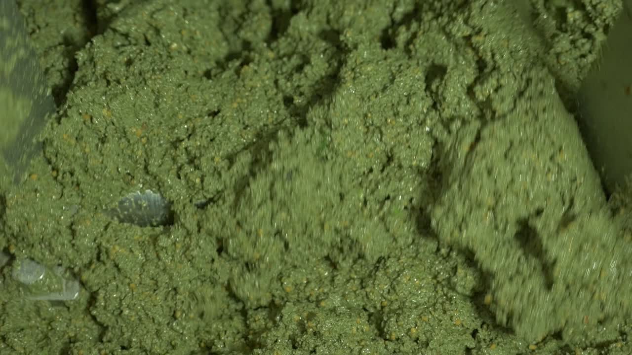 Freshly ground green olive paste (pulp or mass) being stirred in the blender. This is the key step in the olive mill before the extraction of Extra Virgin Olive Oil