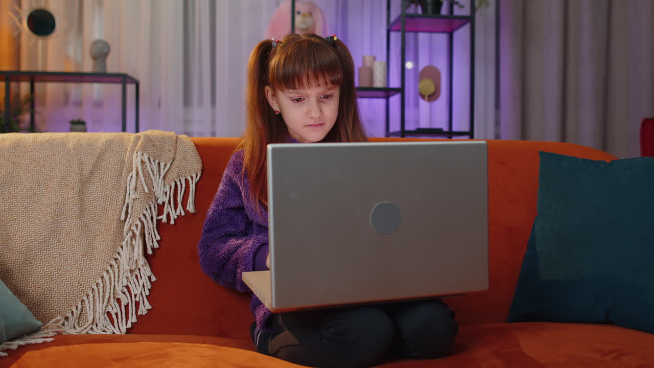 Toddler teenager girl use laptop surprised by bad news fortune loss fail lottery results at home