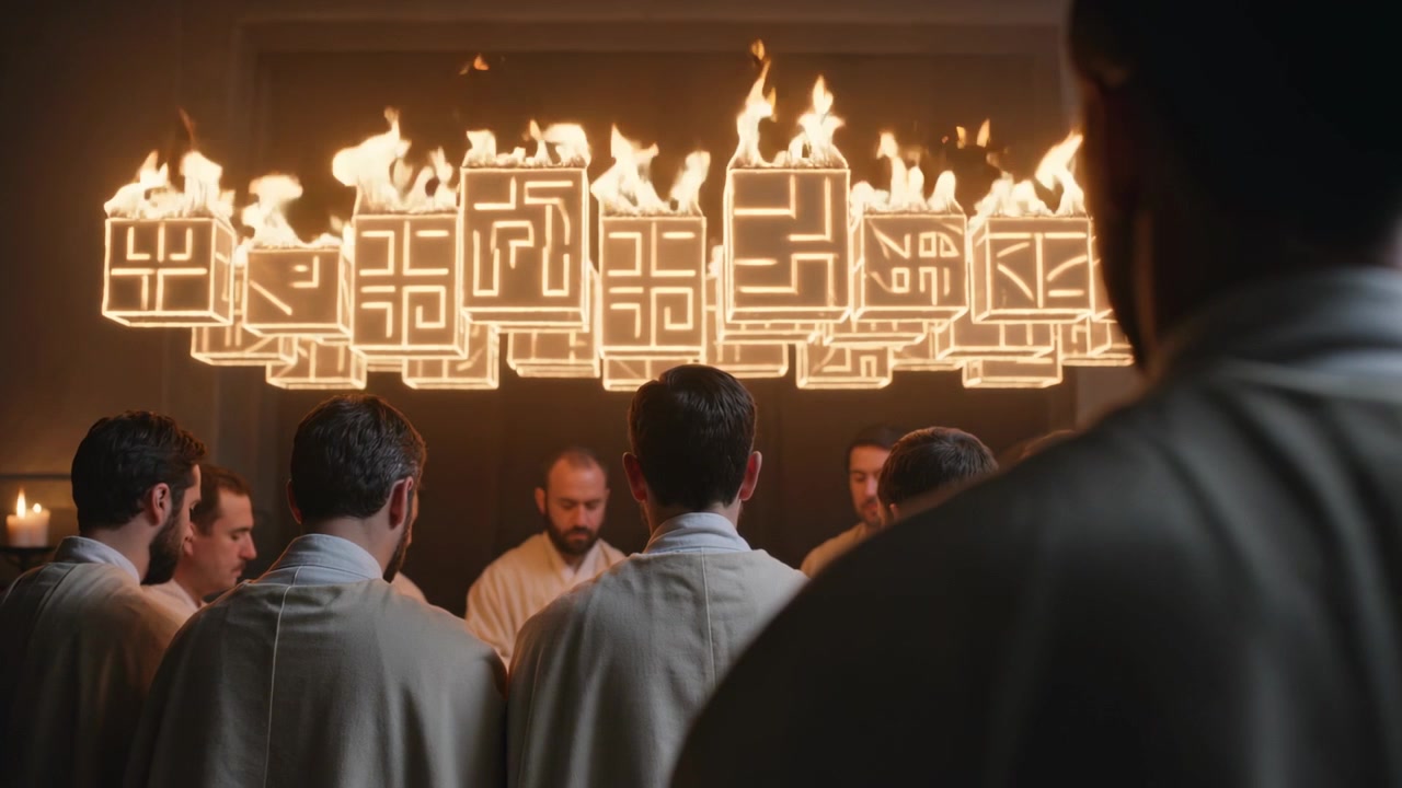 Standing robed men performing ritual around central table in ceremonial chamber, panels glowing