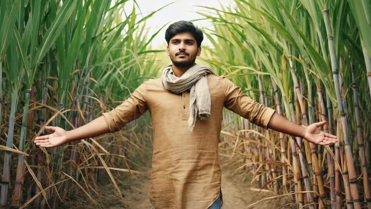 Confident young farmer walking and checking sugarcane plants in field, inspecting his plantation during harvest season, proud of his hard work and dedication to agriculture