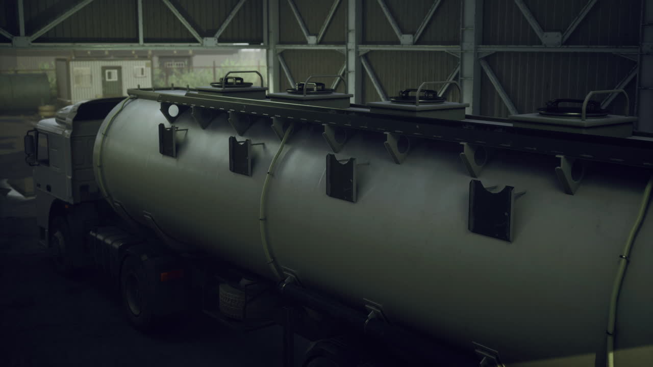 camión con contenedor cisterna dentro de una instalación industrial durante el trabajo nocturno