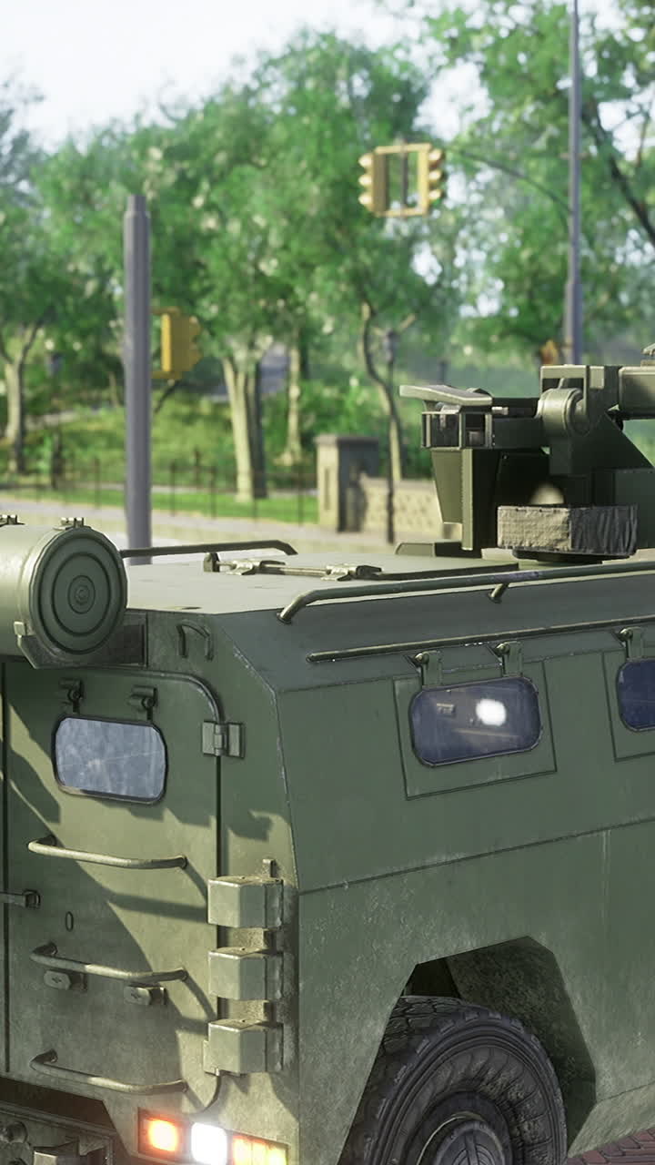 Military vehicle parked at a city corner surrounded by greenery in daylight