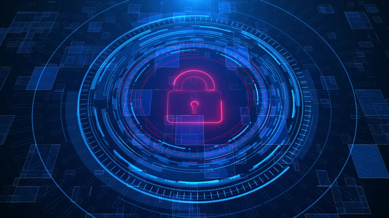 Blue cyber lock hud interface glowing cyan rings pink security icon transparent panels digital depth