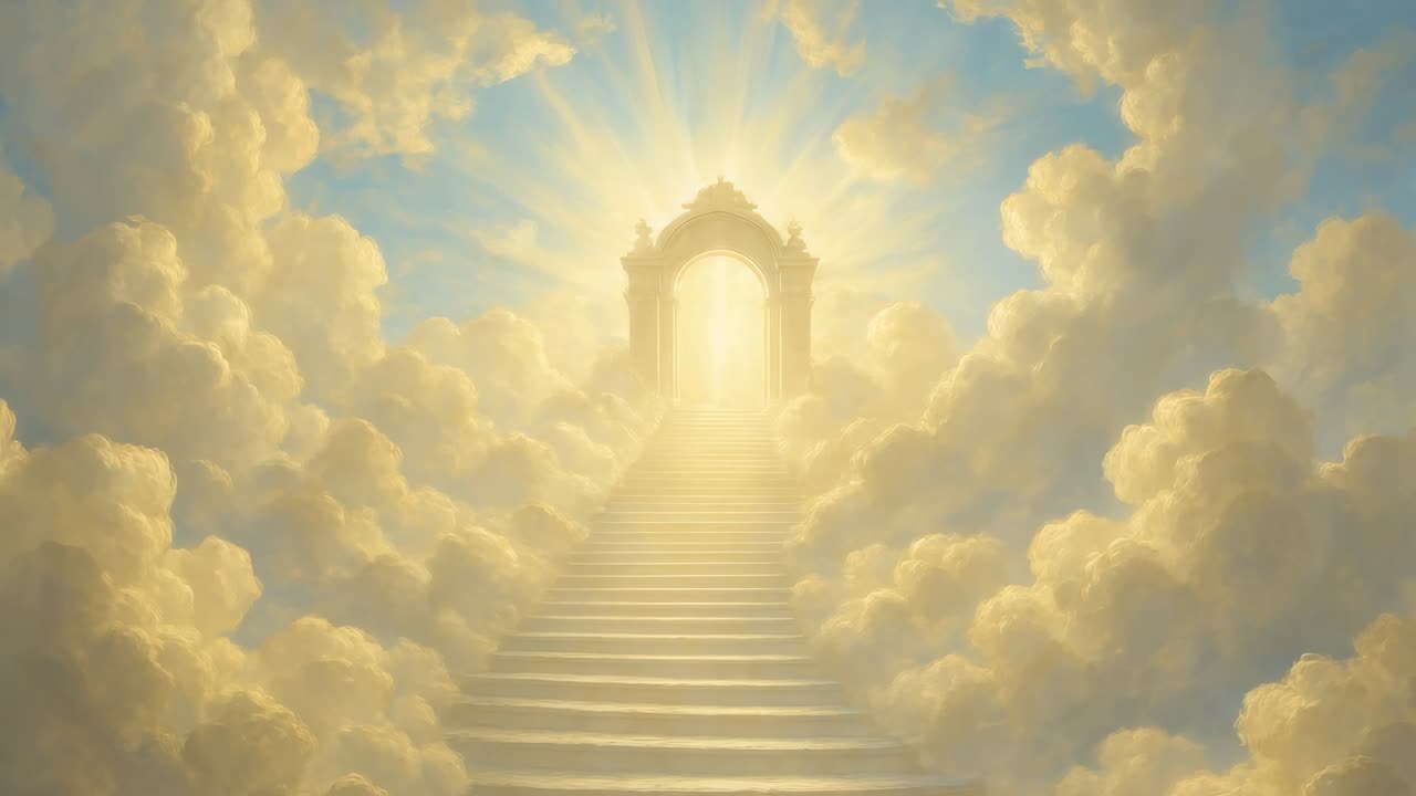 A heavenly staircase ascends through fluffy clouds to a radiant archway