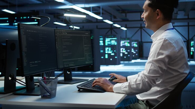 Ingeniør, der overvåger et datacenter og foretager rutinemæssige forbedringer.