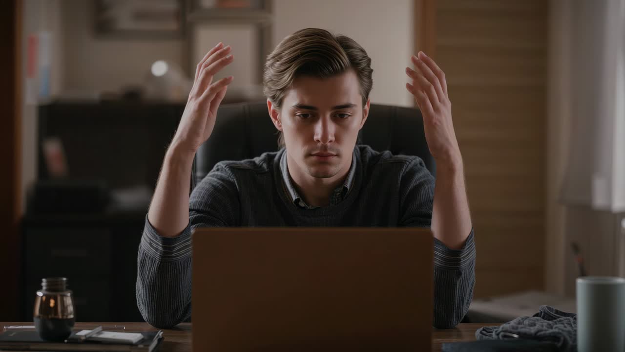 Reacting to laptop man in collared shirt and pullover lowering hands and focusing at home office