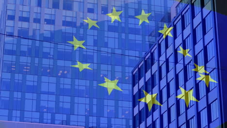 animation of flag of european union over high rise buildings in modern city