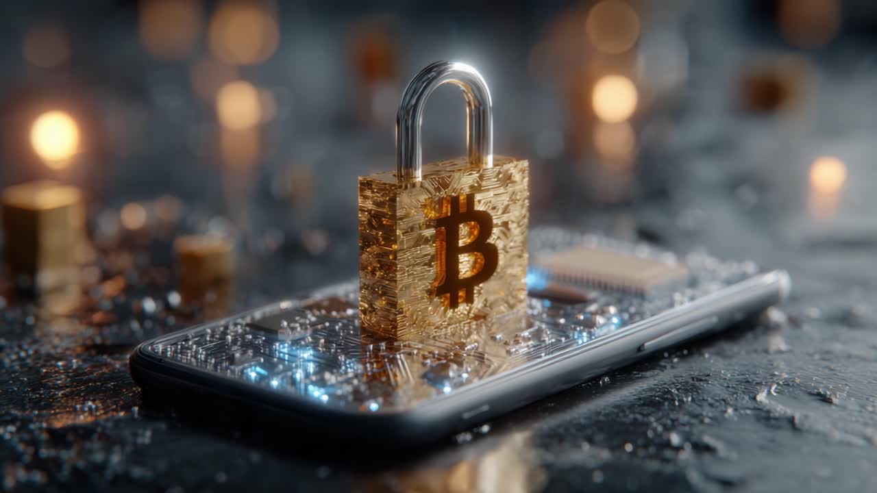A Glowing Golden Bitcoin Lock Symbolizing Cybersecurity on a Smartphone, Highlighting the Importance of Protecting Digital Cryptocurrency Assets in a Modern Technological Age