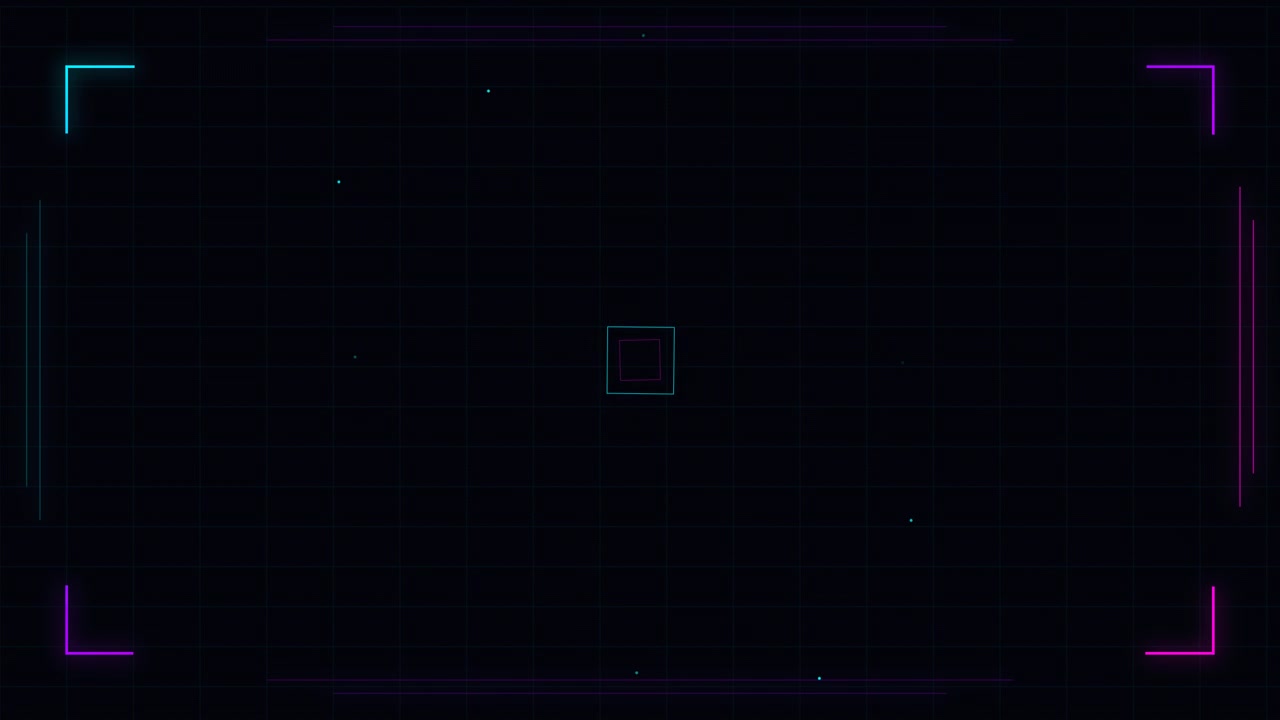 Abstract Digital Interface with Rotating Neon Squares and Particles