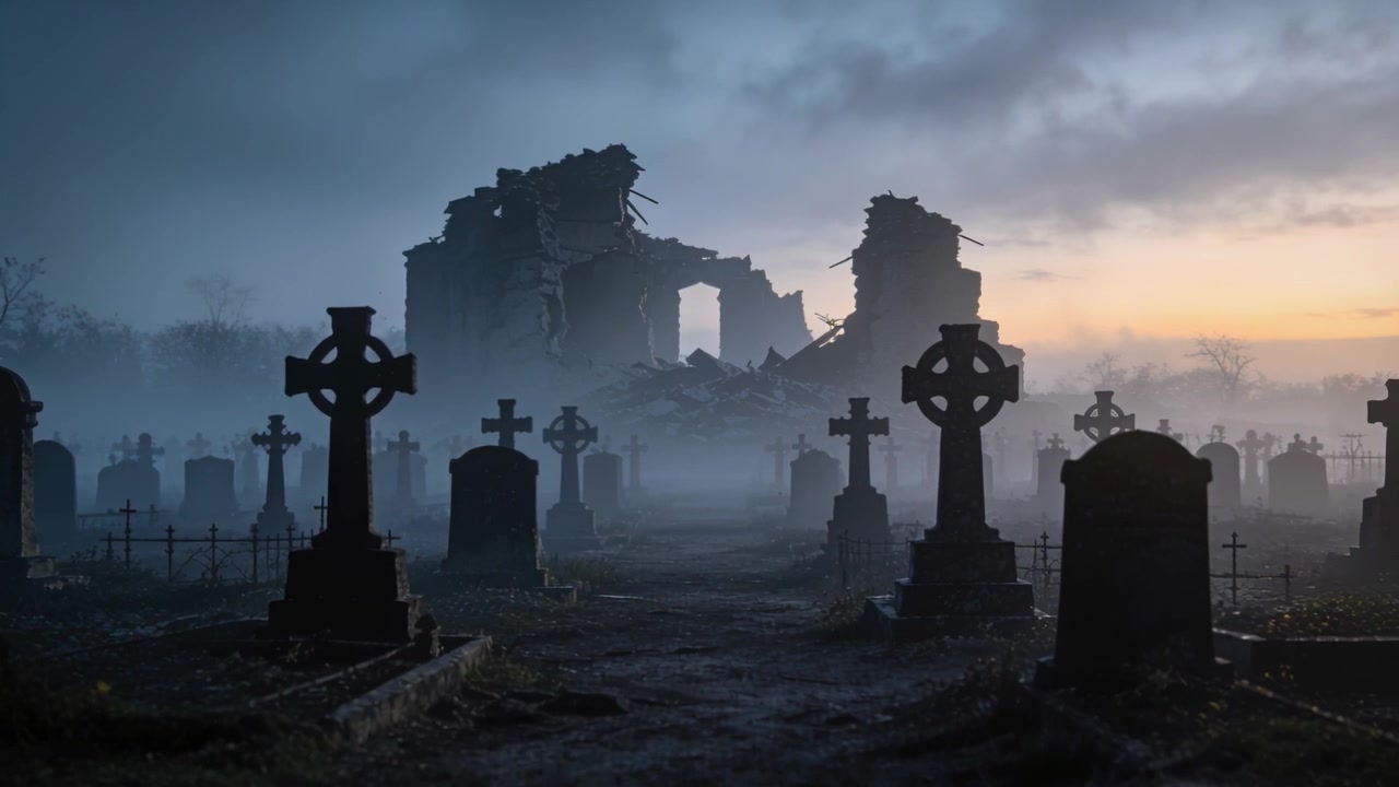 Reagendo al bagliore dell'alba, la telecamera si muove e panoramica in un cimitero verso croci celtiche e un'abbazia in rovina.
