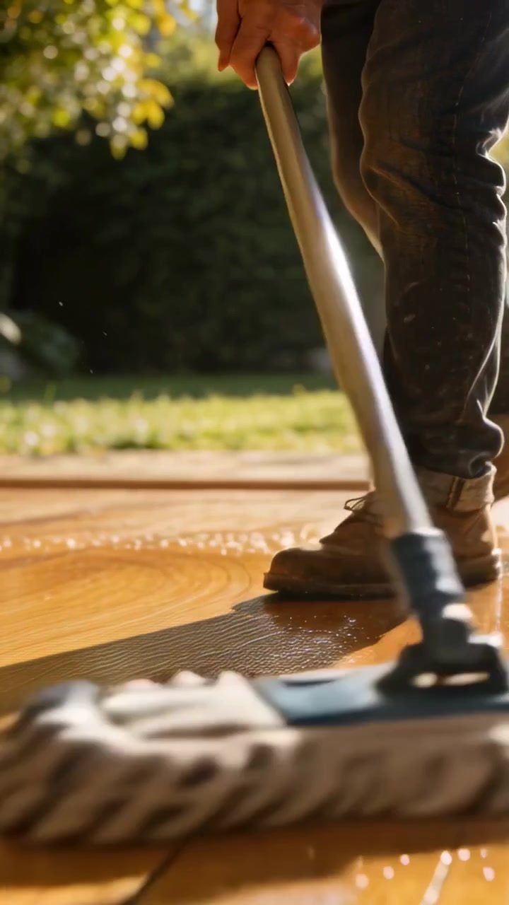 Vídeo vertical: Iniciando a limpeza, homem de jeans arregaçados e botas esfregando um deck de madeira molhado com um esfregão