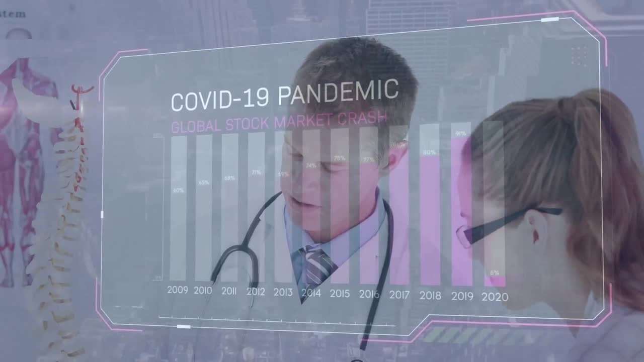 코로나 19 바이러스 데이터 처리의 애니메이션 남성 의사