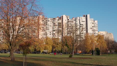 park beside the apartments blocks in eastern novi zagreb, croatia