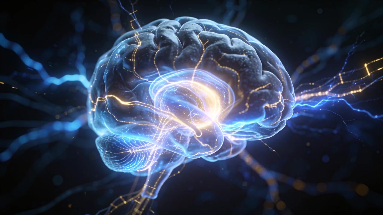 Iniciando a reprodução de um modelo de cérebro animado com filamentos pulsando no núcleo, simulando atividade cerebral no escuro.