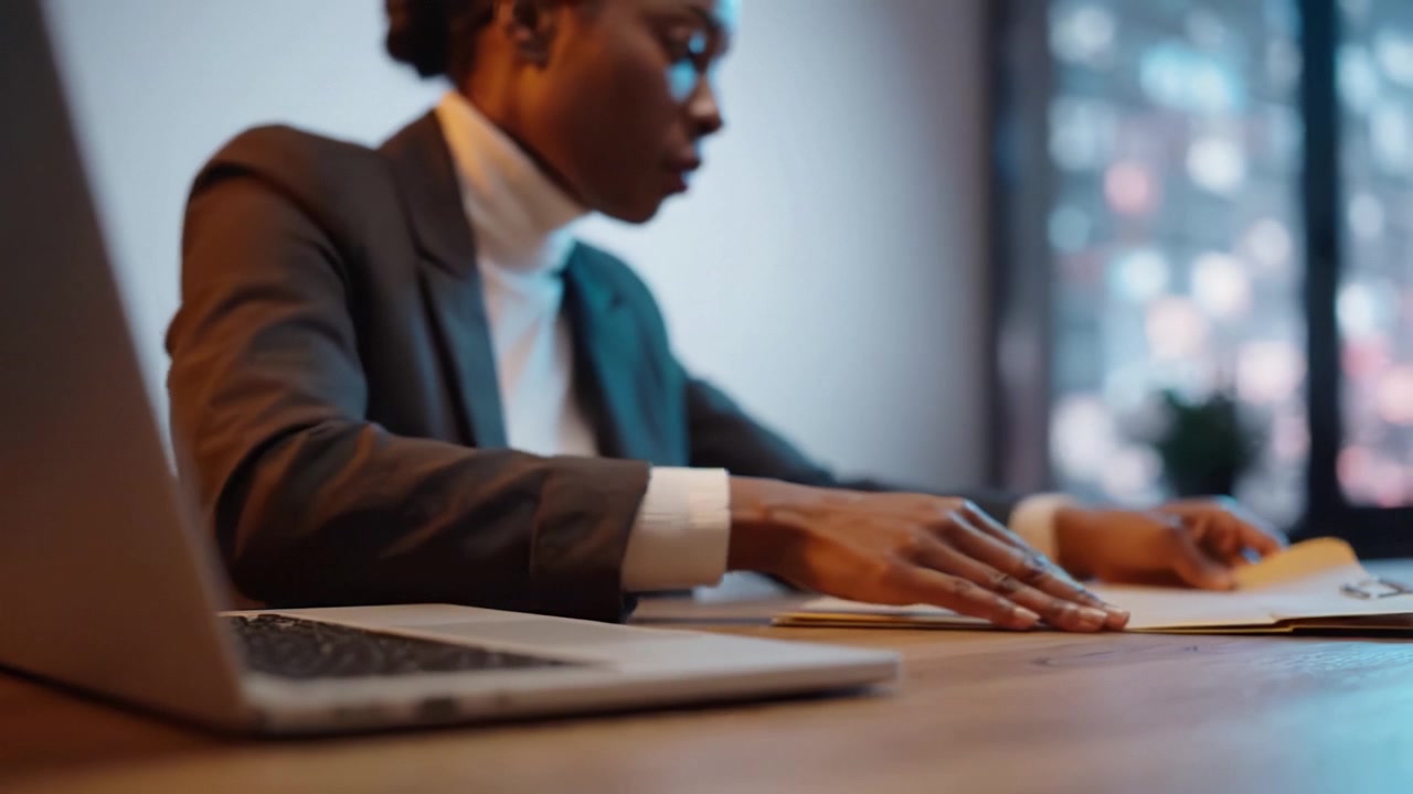 Professional Individual Engaged in Work with Documents and Laptop While Sitting at a Modern Desk in a Brightly Lit Office Environment