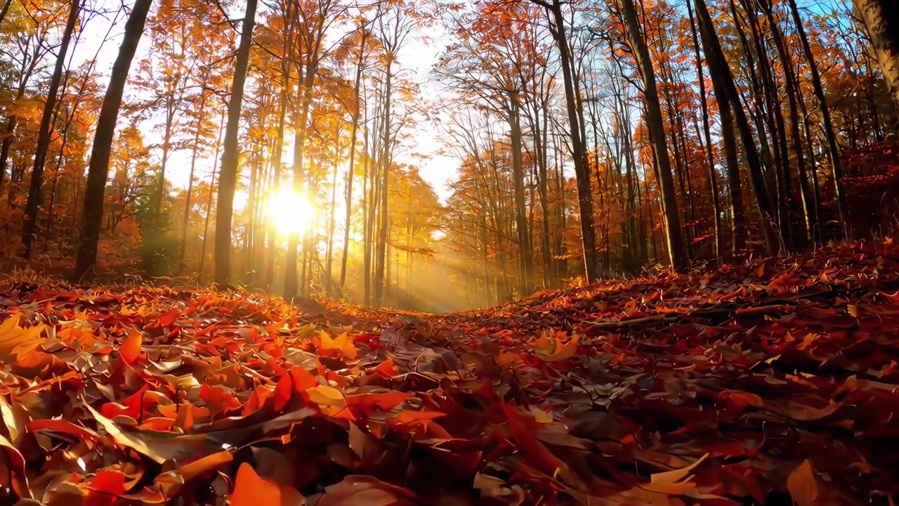 Golden Sunlight Streaming Through Autumn Forest Trees