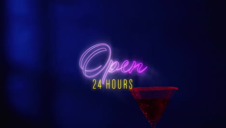 animation of open 24 hours neon text and cocktail on blue background