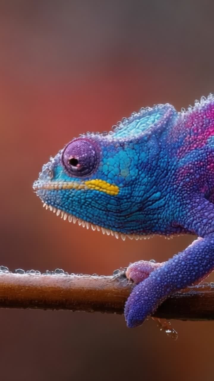 Camaleón colorido trepando en una rama con gotas de rocío y un fondo vibrante en un entorno natural, mostrando patrones únicos y los colores brillantes del reptil.