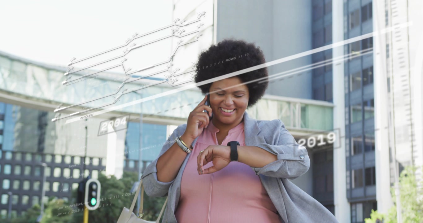 Businesswoman walking raising phone launching timeline showing years fading and checking smartwatch
