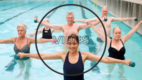 Animation-of-fight-text-in-black-circle-outline-over-senior-people-exercising-in-swimming-pool