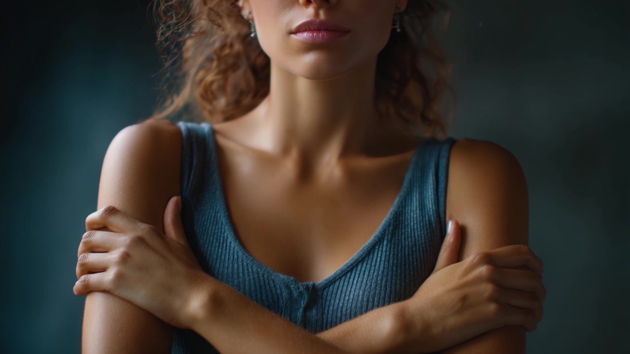 Un ritratto accattivante di una giovane donna con i capelli ricci, che esprime sicurezza e vulnerabilità, indossando un abito elegante, circondata da uno sfondo morbido e suggestivo.