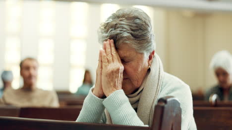 worship, praying or old woman in church for god