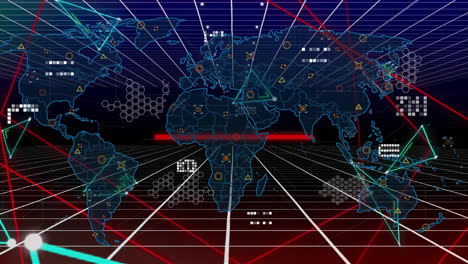 Animation-Der-Datenverarbeitung-Mit-Weltkarte-über-Dreiecken-Und-Linien-Auf-Schwarzem-Hintergrund