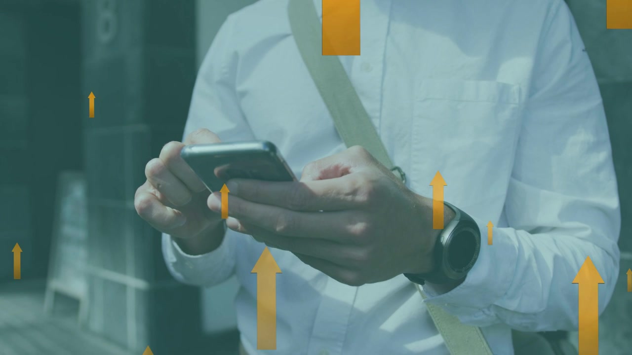 Man tapping smartphone on walkway, initiating orange arrows visualizing business growth data