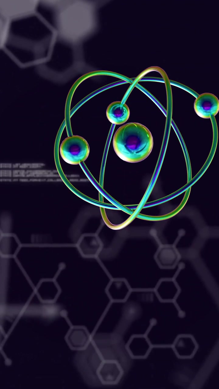 Animation of atoms and scientific data processing over dark background