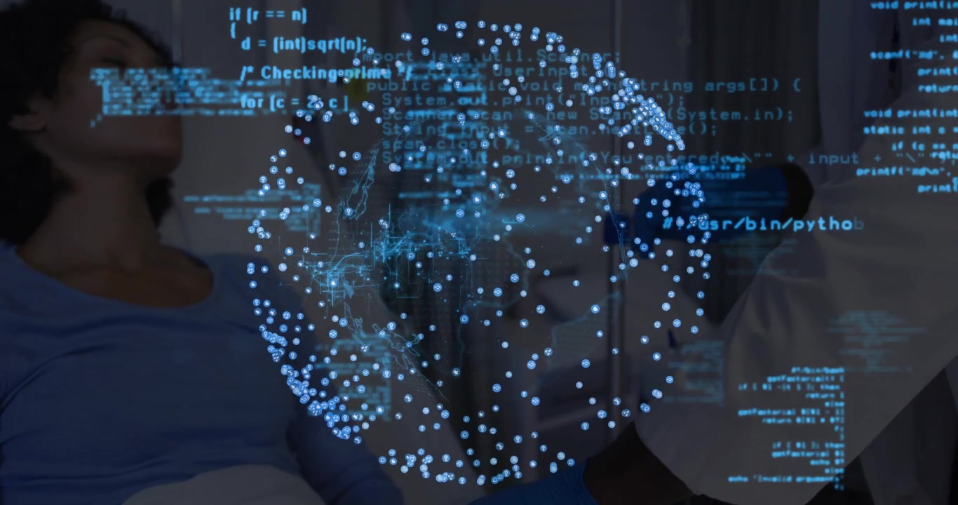 Overlay fading, doctor placing scope on patient in medical exam while globe rotating code streaming