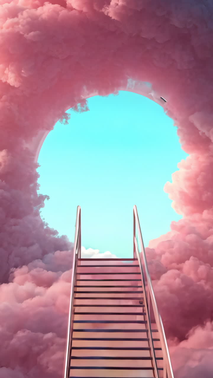 A pink cloud with a staircase in the middle of it. The staircase is white and is surrounded by pink clouds. The image has a dreamy and whimsical mood