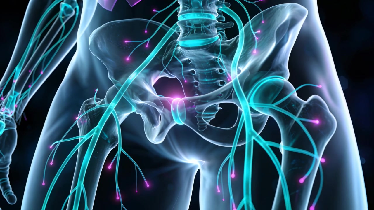 Pulsing magenta sacrum glow, pelvis pulsing, view panning left in medical animation, showing nerves
