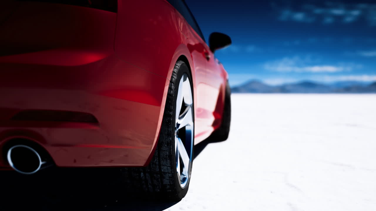 Red sports car parked on a vast salt flat under a blue sky