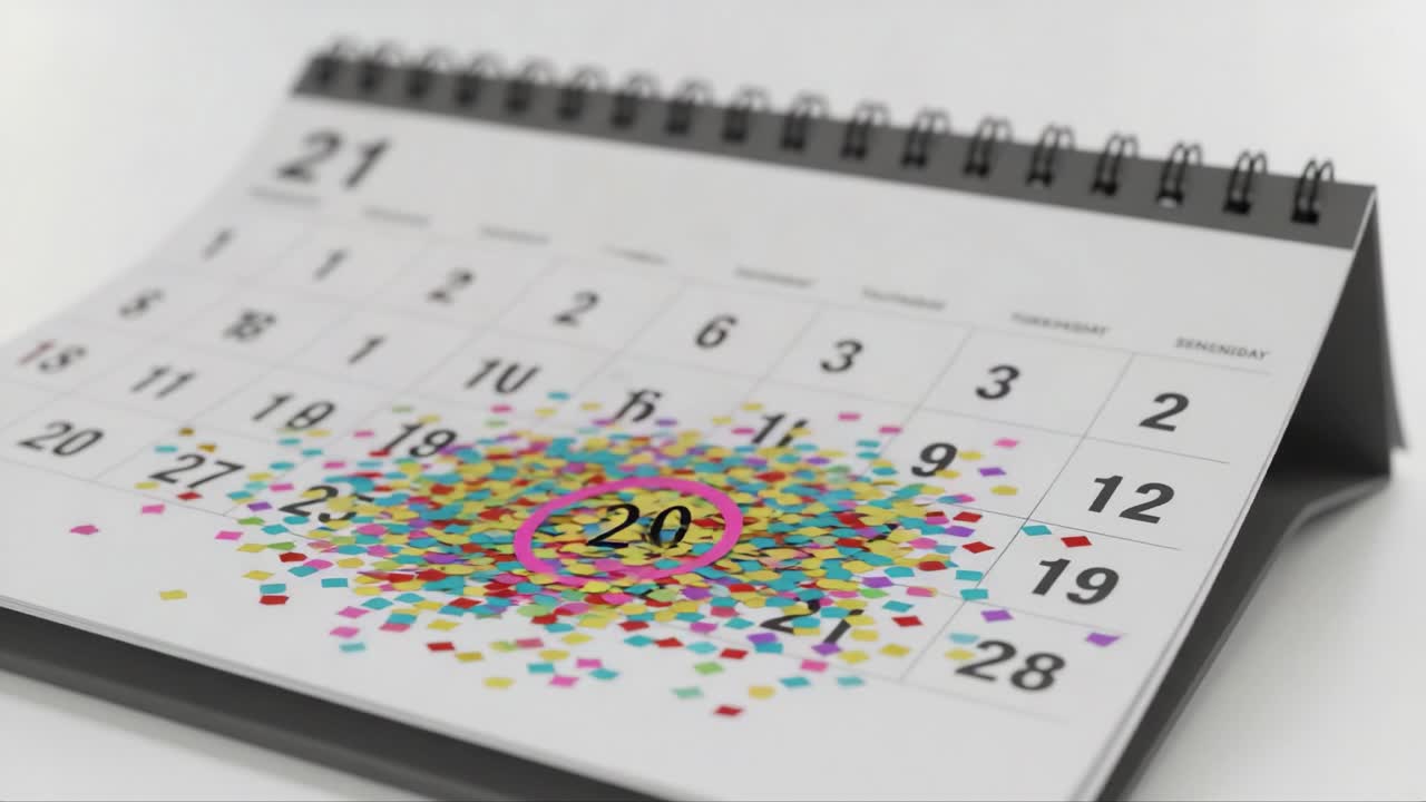 A Vibrant Celebration of Time: Colorful Confetti Explodes Around the Calendar, Signifying Special Occasions and Joyful Moments Captured on Specific Dates