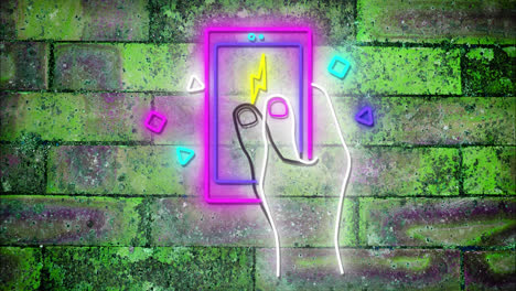 Animation-Einer-Hand-Mit-Smartphone-Neon-Auf-Dunklem-Hintergrund