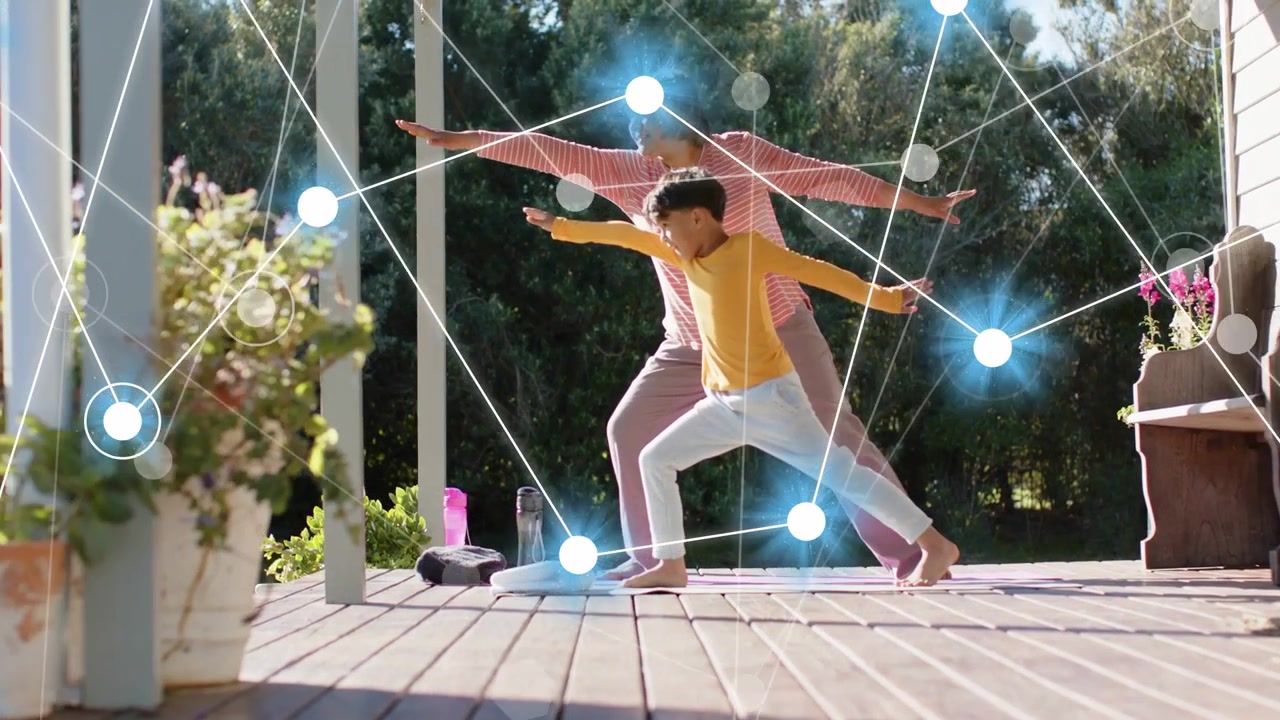 Senior and boy holding lunge on porch animated network growing at feet as holding for fitness