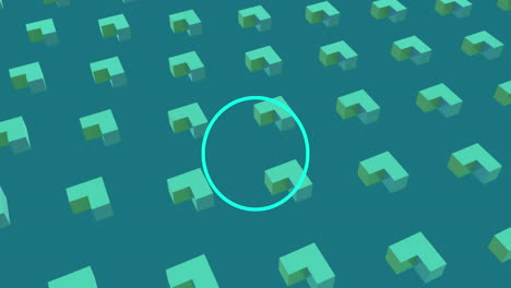 Animation of circles pulsating over rows of abstract shapes pattern on green background
