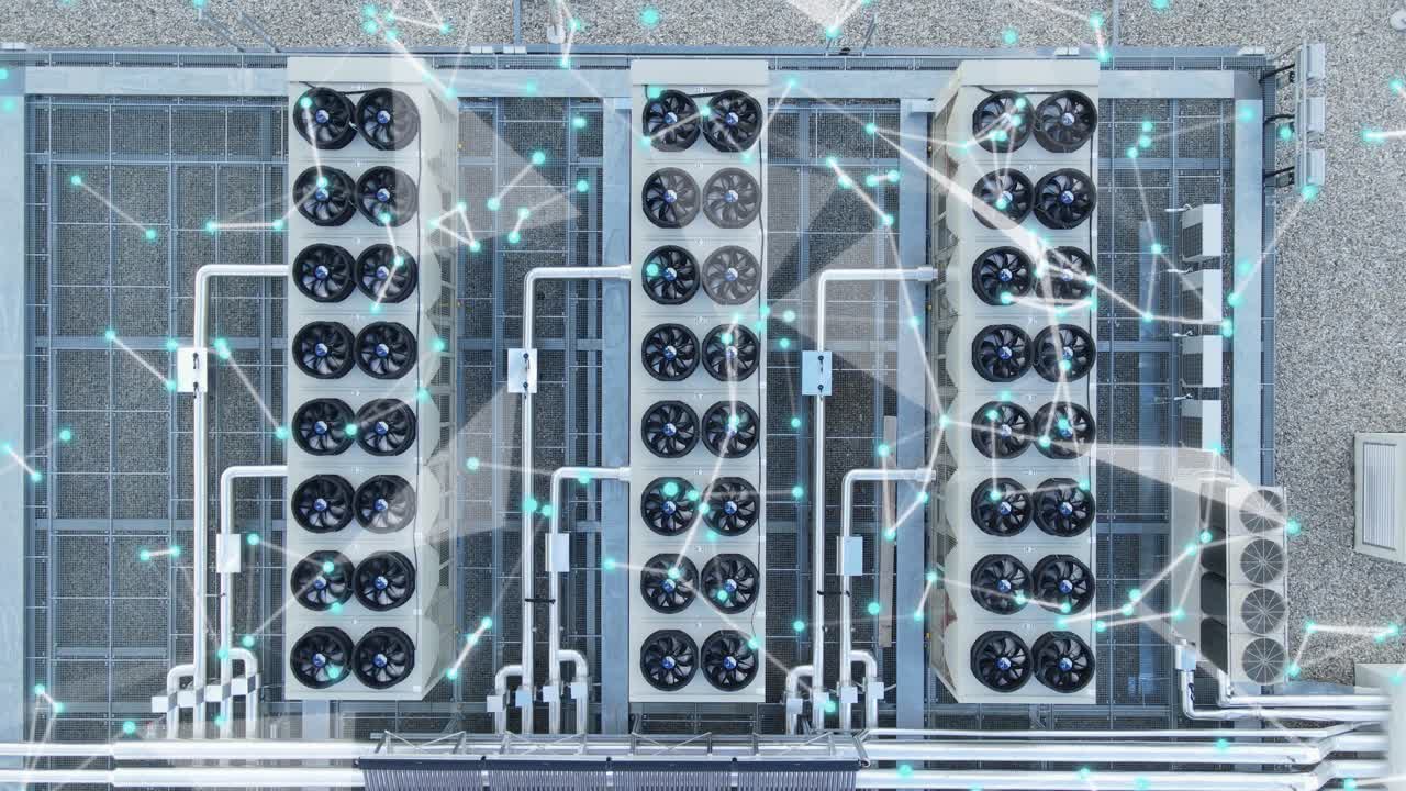 High-tech data center rooftop with ventilators and digital graphics overlay representing network connectivity