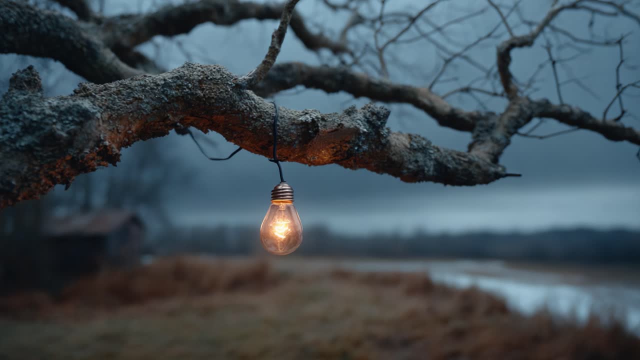 A solitary light bulb hangs from an ancient tree branch, casting a warm glow in the twilight, surrounded by a serene landscape of muted colors and soft shadows
