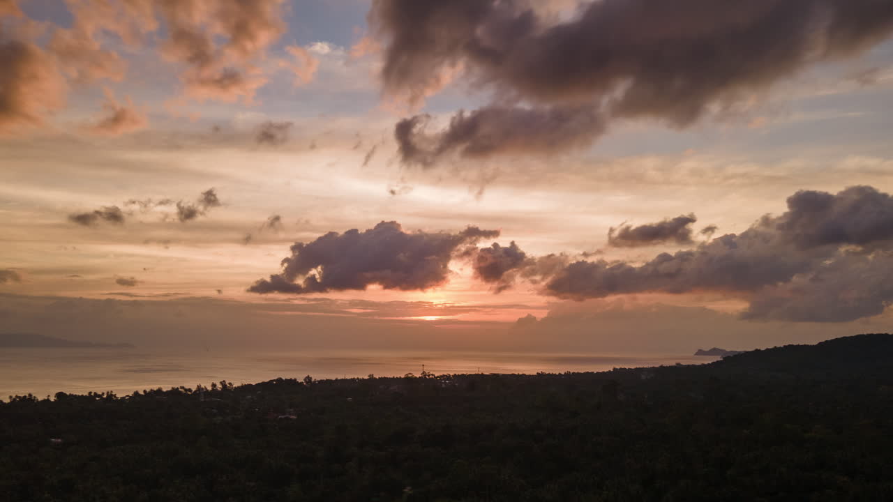 Aerial drone shot over the dense green vegetation by the side of the sea with the view of the settting sun in timelapse