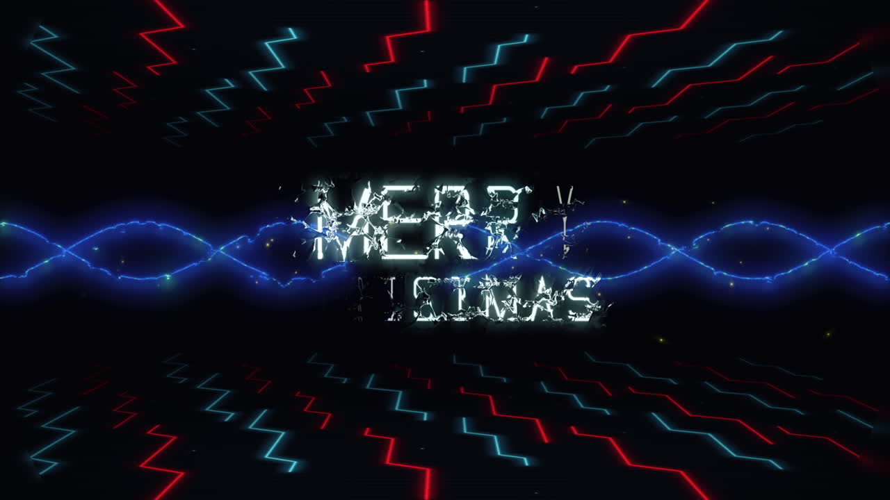Merry Christmas with neon waves and glitters on digital screen