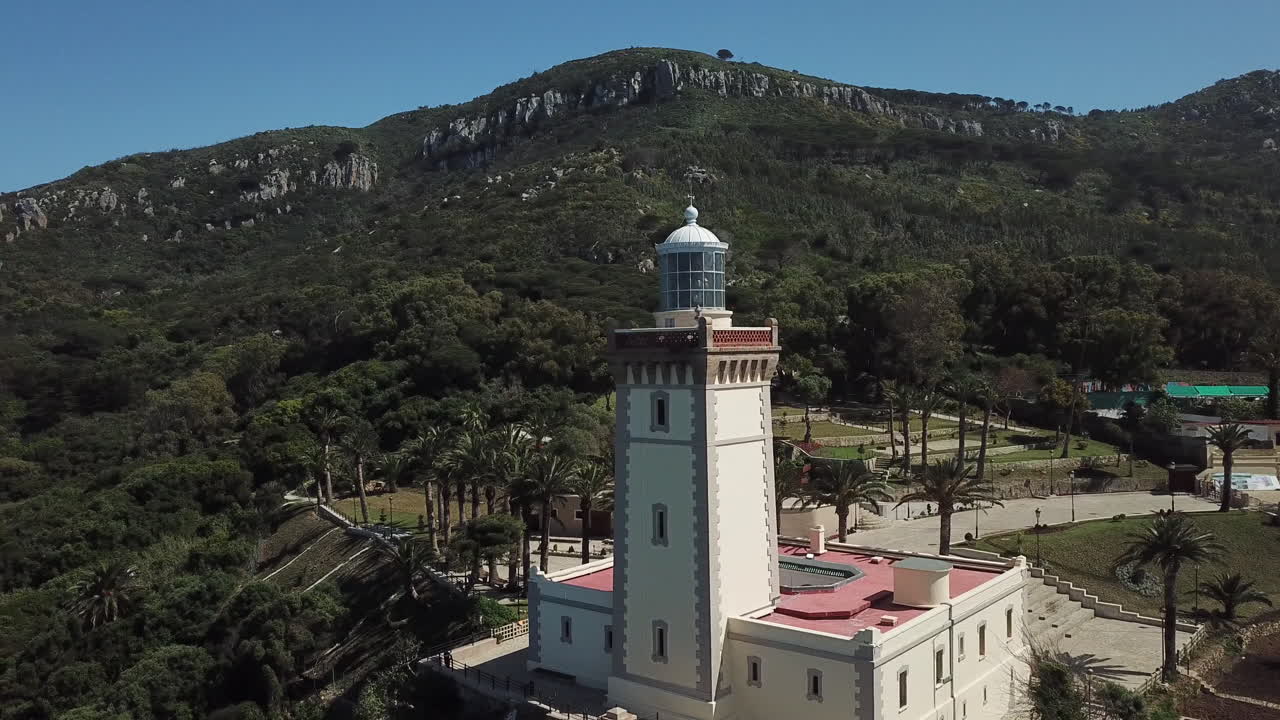 Cinematic 4K aerial of Cap Spartel lighthouse in Tangier, Morocco. Iconic maritime landmark at Africa's northwestern tip. Perfect for travel, history, and navigation-themed content