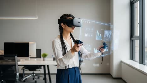 a focused professional engaging with virtual reality technology in a modern office setting, utilizing advanced headsets and controllers for interactive experience